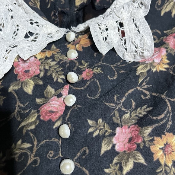 Vintage‎ Miss Dorby Dress Womens 14 Black Floral Button Maxi Modest Lace Collar - Picture 7 of 11